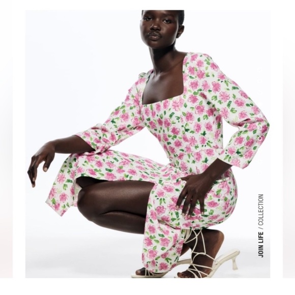 Zara Midi Dress White Floral 3/4 Sleeves and Square Neck Formal Wedding Guest - Picture 2 of 11